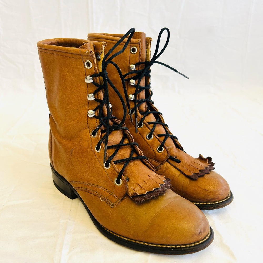 Laredo Tan Lace-Up Leather Roper Boots - Picture 12 of 16